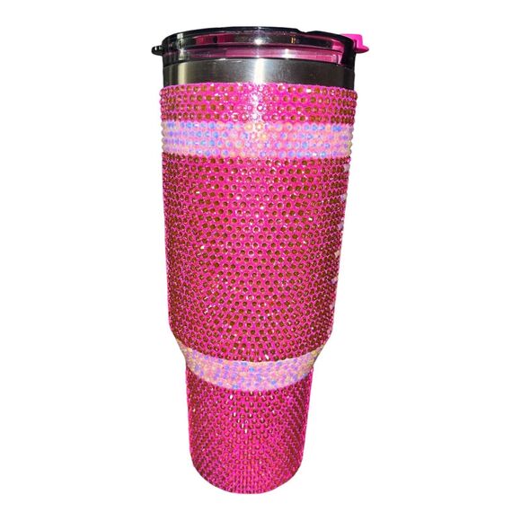 "Hot PINK" Football BLING RHINESTONE tumbler cup lid & handle 40 ounce oz - Picture 3 of 8